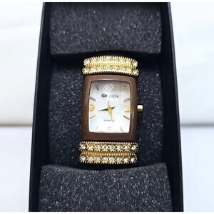 Gruen Womens Wrist Watch Brown Hard Bracelet Band Gold Details White Face Quartz